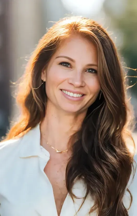 Smiling woman in a white blouse outdoors in soft sunlight