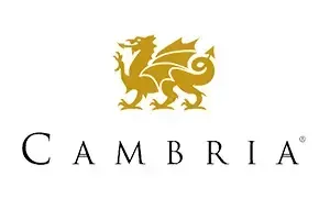 Cambria logo with gold lion emblem above black serif text on a white background