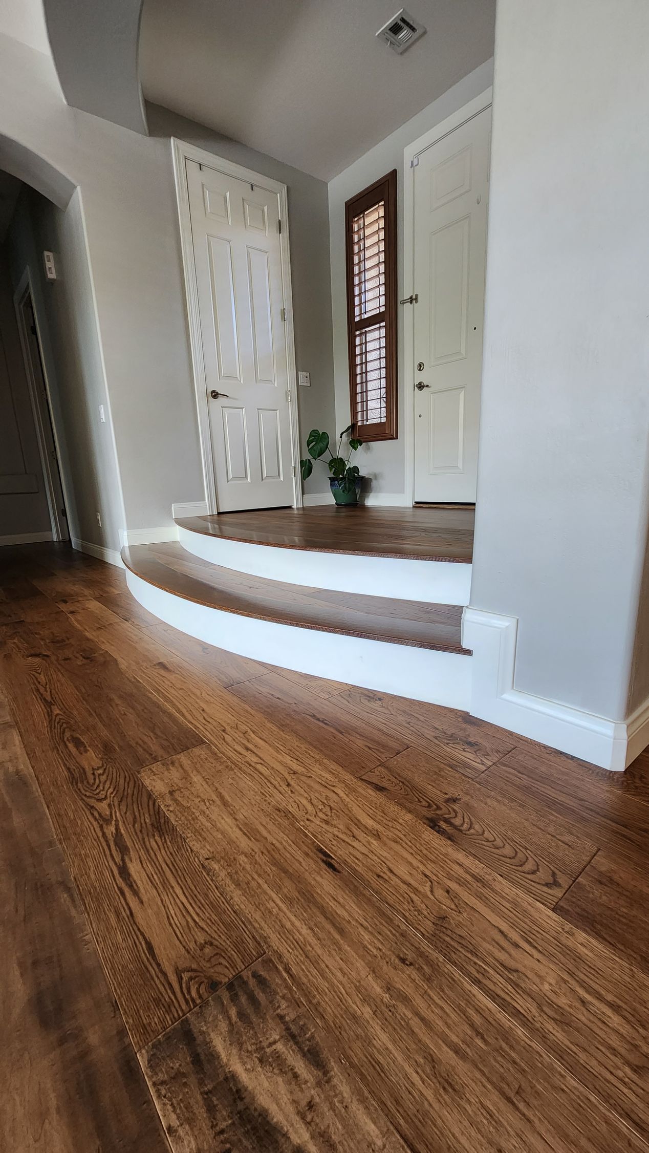 Bright hardwood foyer with white walls, curved steps, and a tall front window with a plant.