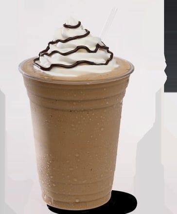 Iced blended coffee topped with whipped cream and chocolate drizzle in a clear plastic cup