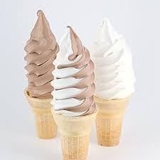 Three soft-serve ice cream cones in chocolate, vanilla, and swirl flavors on a white background