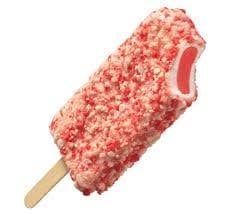 Pink-and-white strawberry ice cream bar on a wooden stick