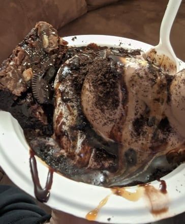Chocolate sundae in a bowl with whipped cream, chocolate sauce, and a spoon