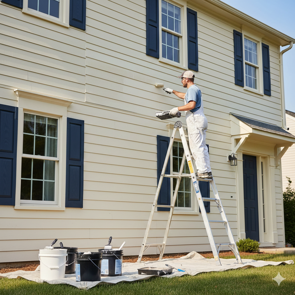 Painter on ladder painting beige house exterior with blue shutters, buckets and tools on lawn
