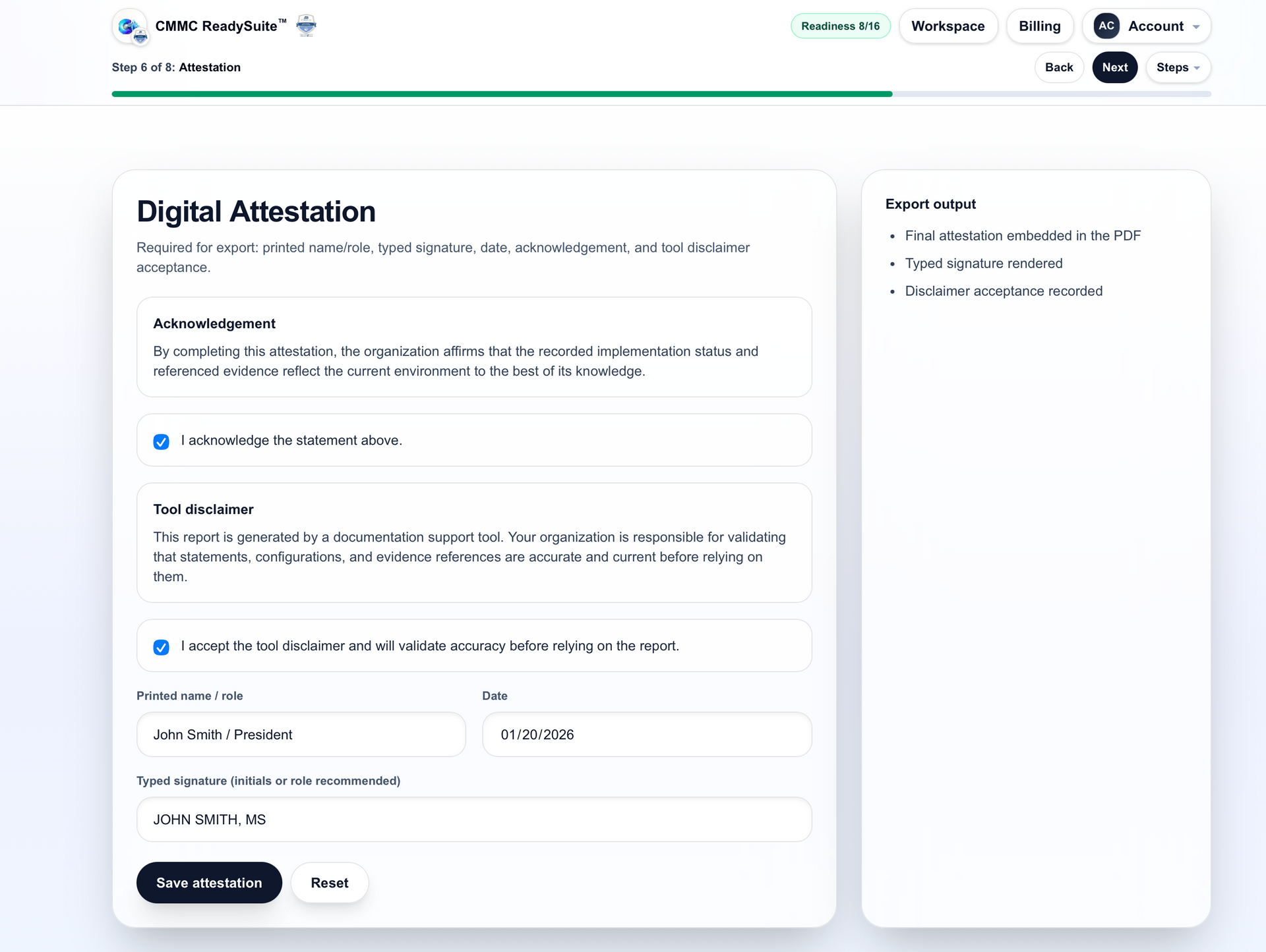 Attestation screen for SPRS Level 1 affirmation steps