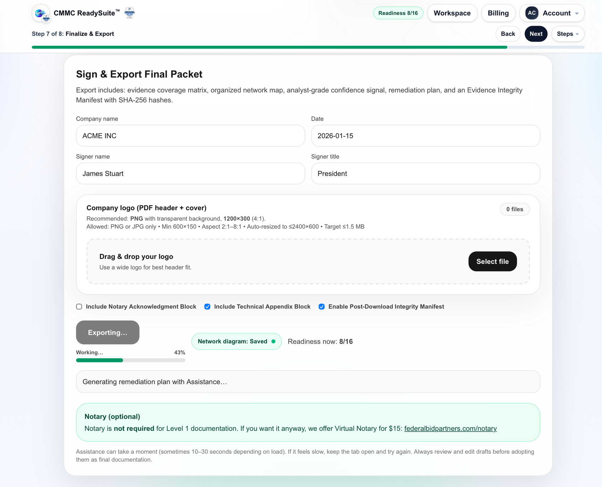 Export and sign packet screen showing the compiled Level 1 documentation packet