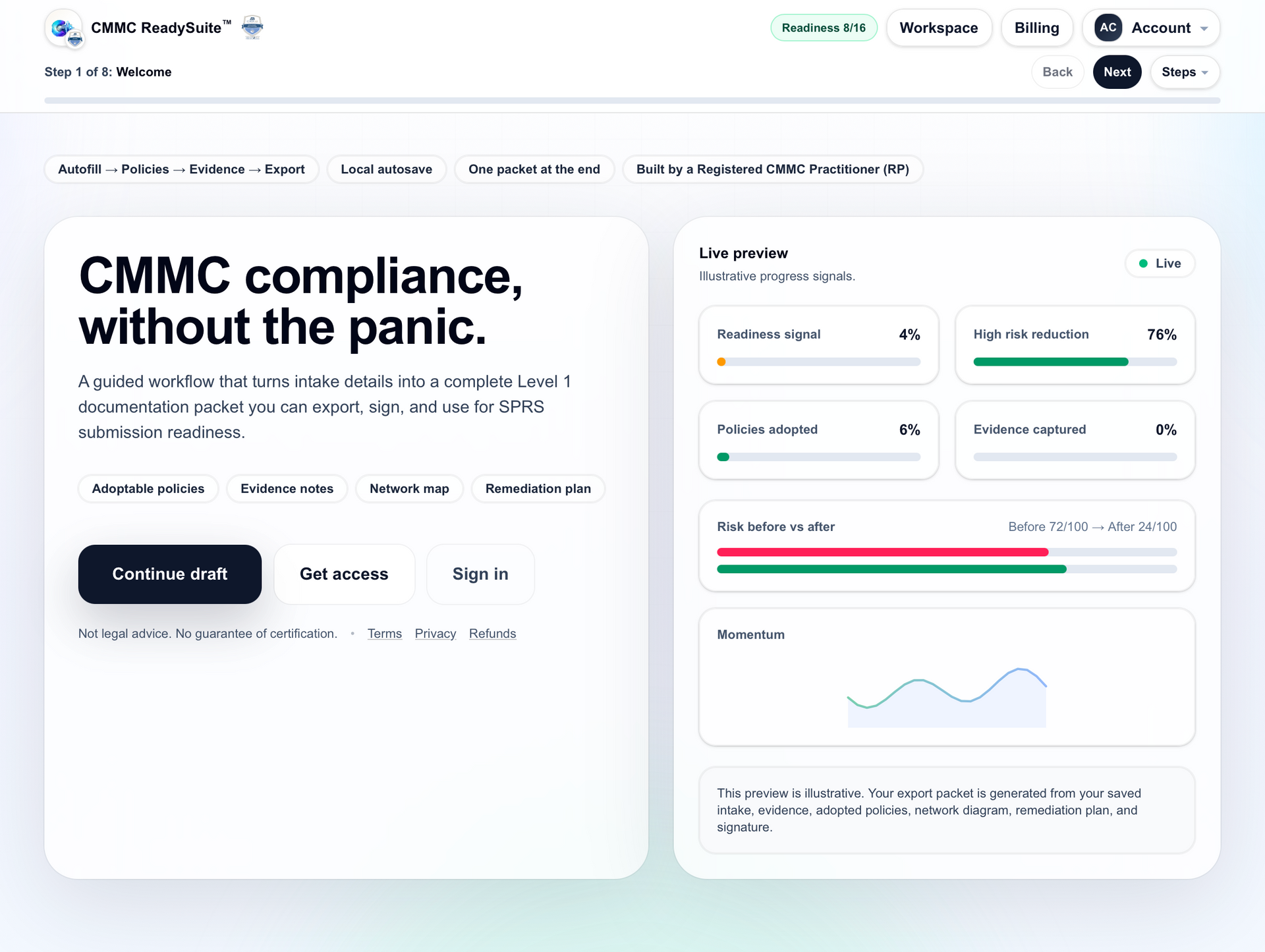 CMMC Launchpad home page dashboard