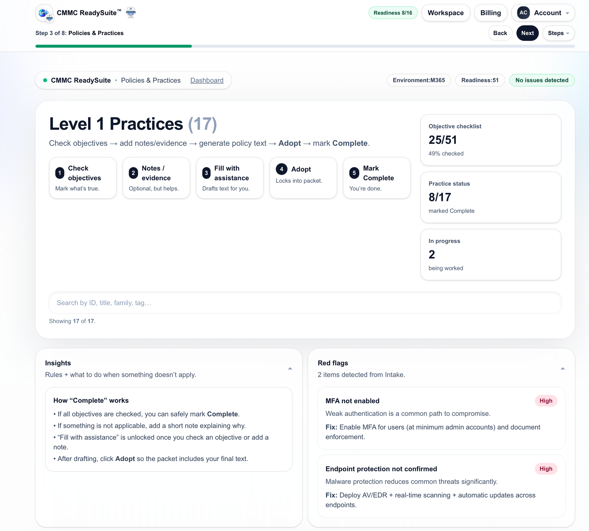 Level 1 practices overview showing the 17 Level 1 practices
