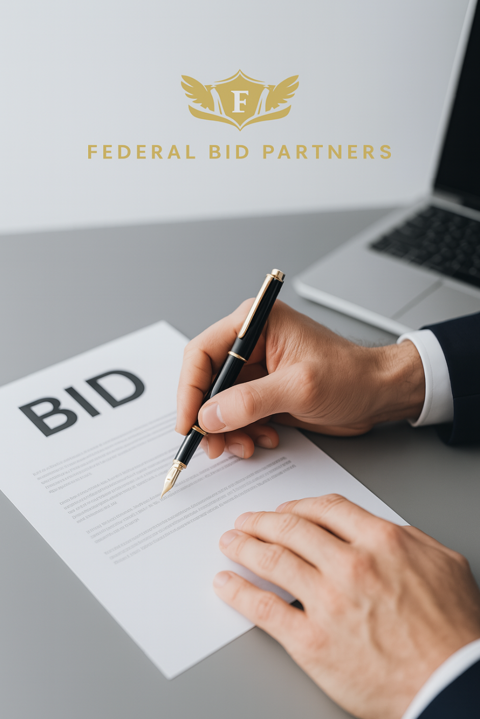 Close-up of business professional signing a government bid proposal document