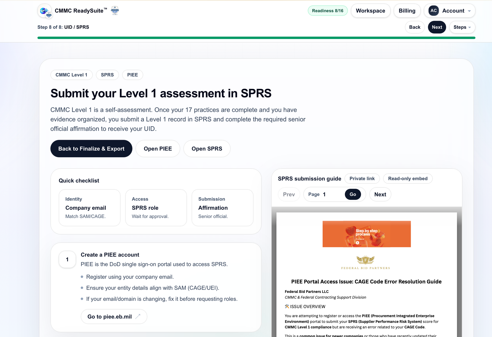 Submission guidance screen for completing Level 1 reporting steps