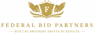 Federal Bid Partners logo with gold wings, shield, and a banner reading “Built by Brothers, Driven by Results.”