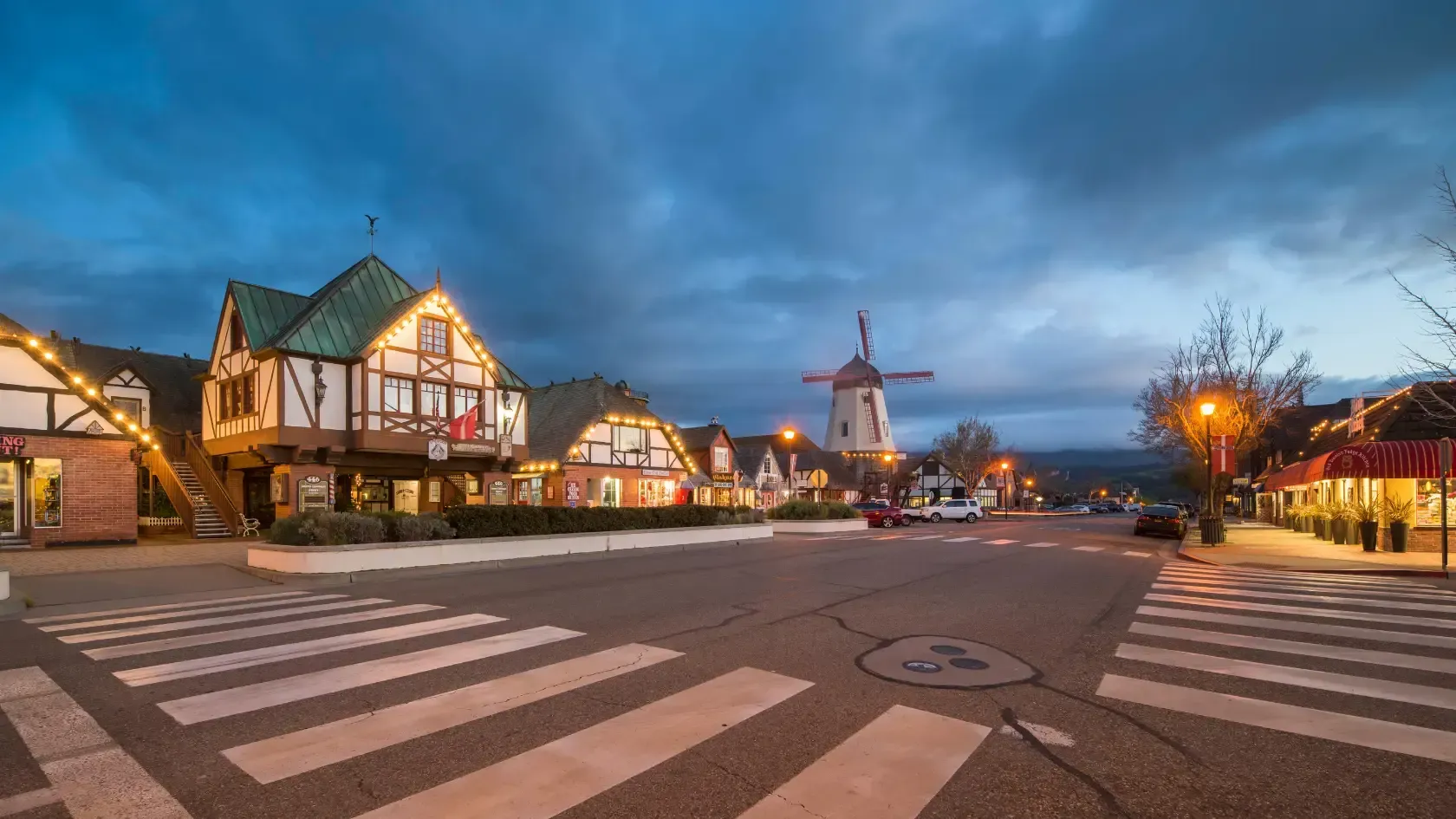 Scenic view of downtown Solvang, California with Danish-style windmill