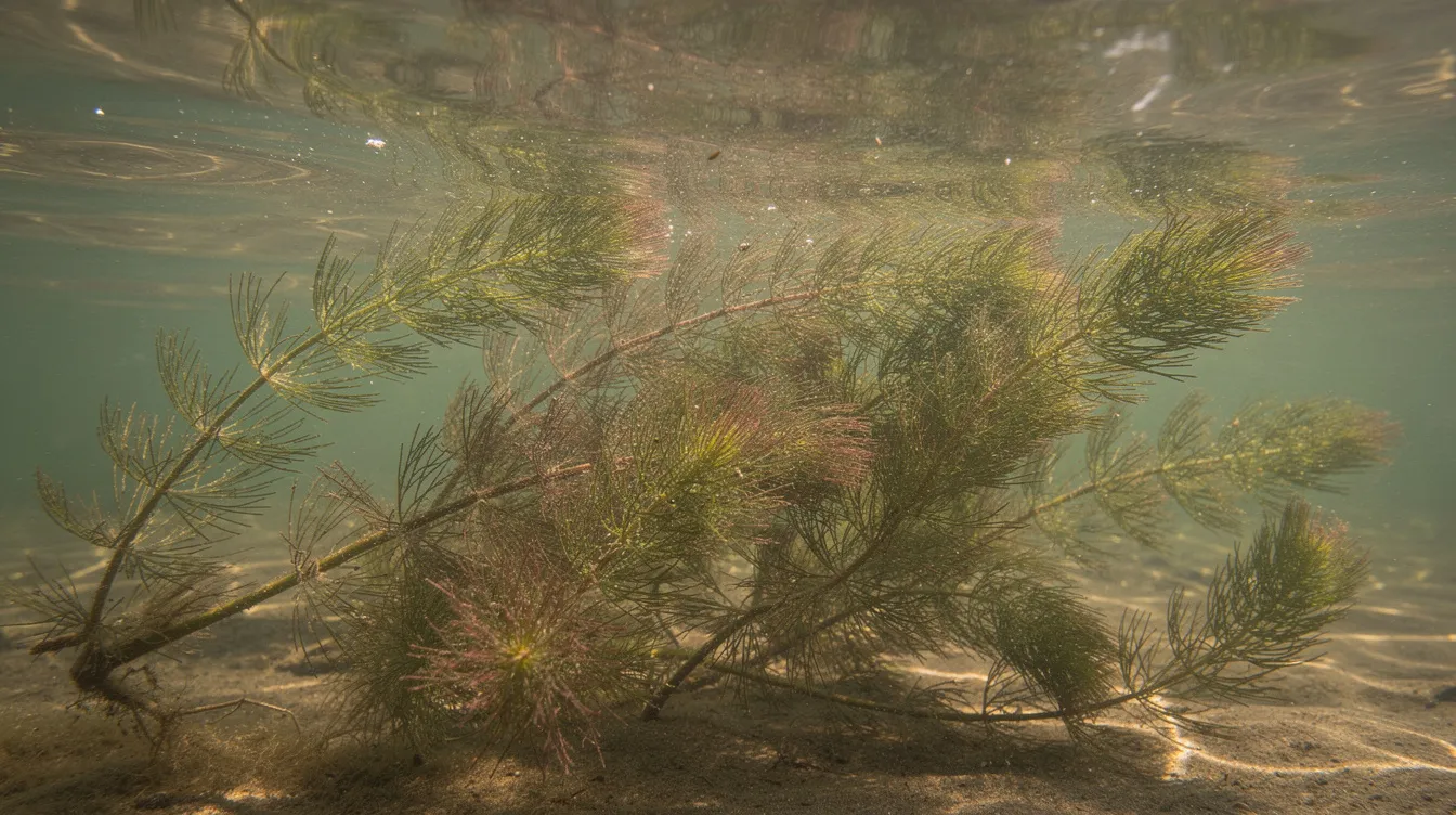 The image displays a close-up of Eurasian watermilfoil, an invasive aquatic plant characterized by its feathery, finely divided leaves. This species often contributes to excessive growth in ponds and lakes, necessitating aquatic plant management services to control nuisance vegetation and maintain water quality.