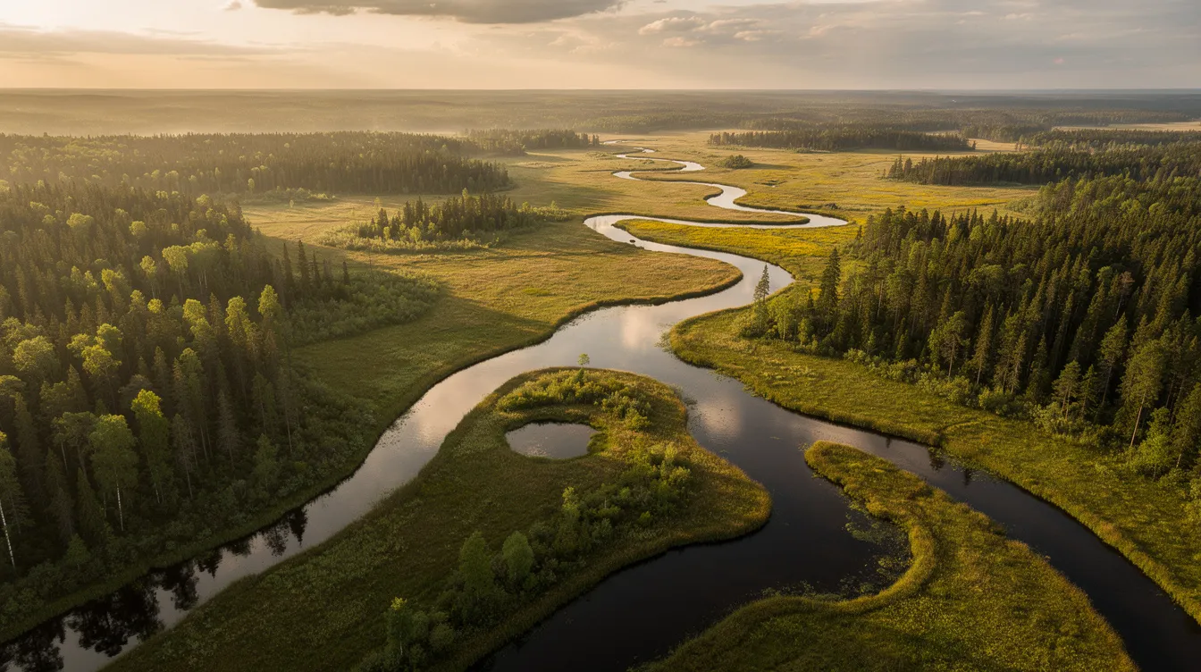 An aerial view showcases a diverse wetland landscape featuring a mix of lush forests and expansive marsh areas, highlighting the importance of wetland delineation and habitat assessments for natural resources consulting. This vibrant ecosystem is essential for water quality and supports various species, emphasizing the need for wetland restoration and management by regulatory agencies.