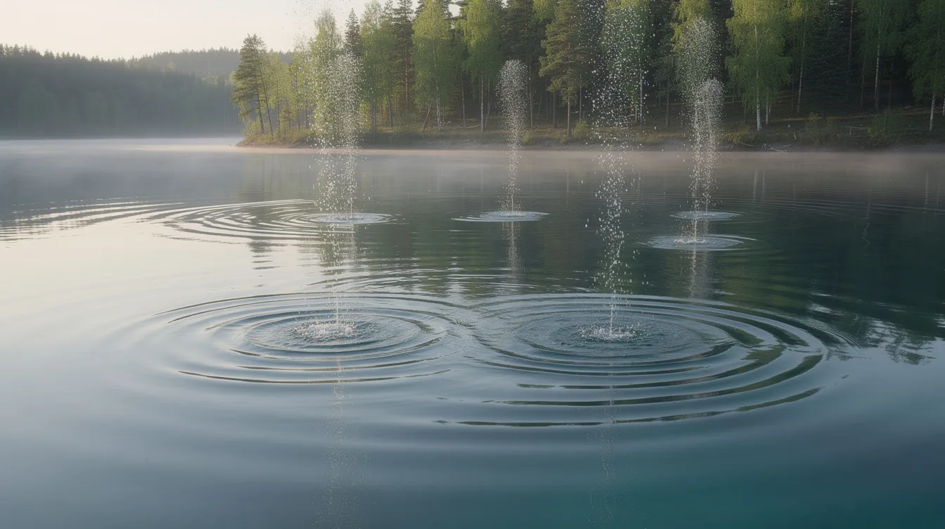 The image shows small bubbles rising from diffusers on the surface of a tranquil lake, surrounded by a wooded shoreline, illustrating the process of pond aeration. These bubbles are part of an effective pond aeration system that helps improve water quality and support aquatic life by increasing dissolved oxygen levels.
