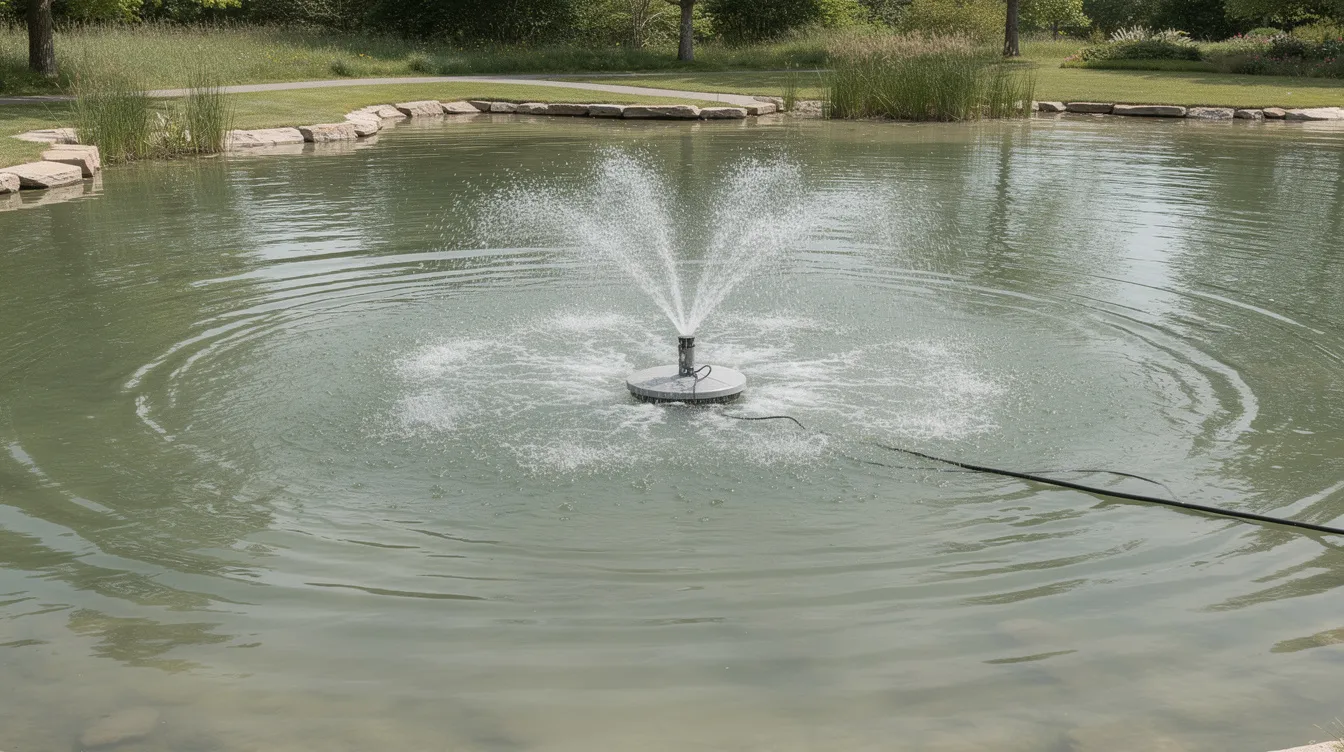 The image depicts a typical aeration system for a pond, featuring diffused aeration technologies that introduce fine bubbles into the water column to enhance oxygen levels. This system is designed to promote water quality and support biological treatment processes, ensuring a healthy environment for aquatic life.