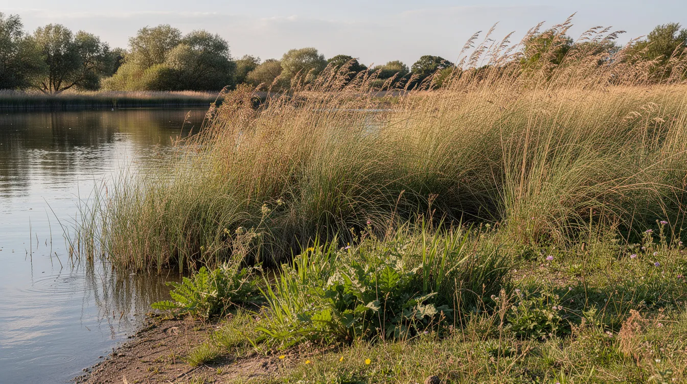The image depicts a native vegetation buffer strip along a pond shoreline, featuring a mix of grasses and sedges that help control algae growth and improve water quality. This natural habitat supports various aquatic plants and provides a crucial buffer against excess nutrients that can lead to harmful algae blooms.