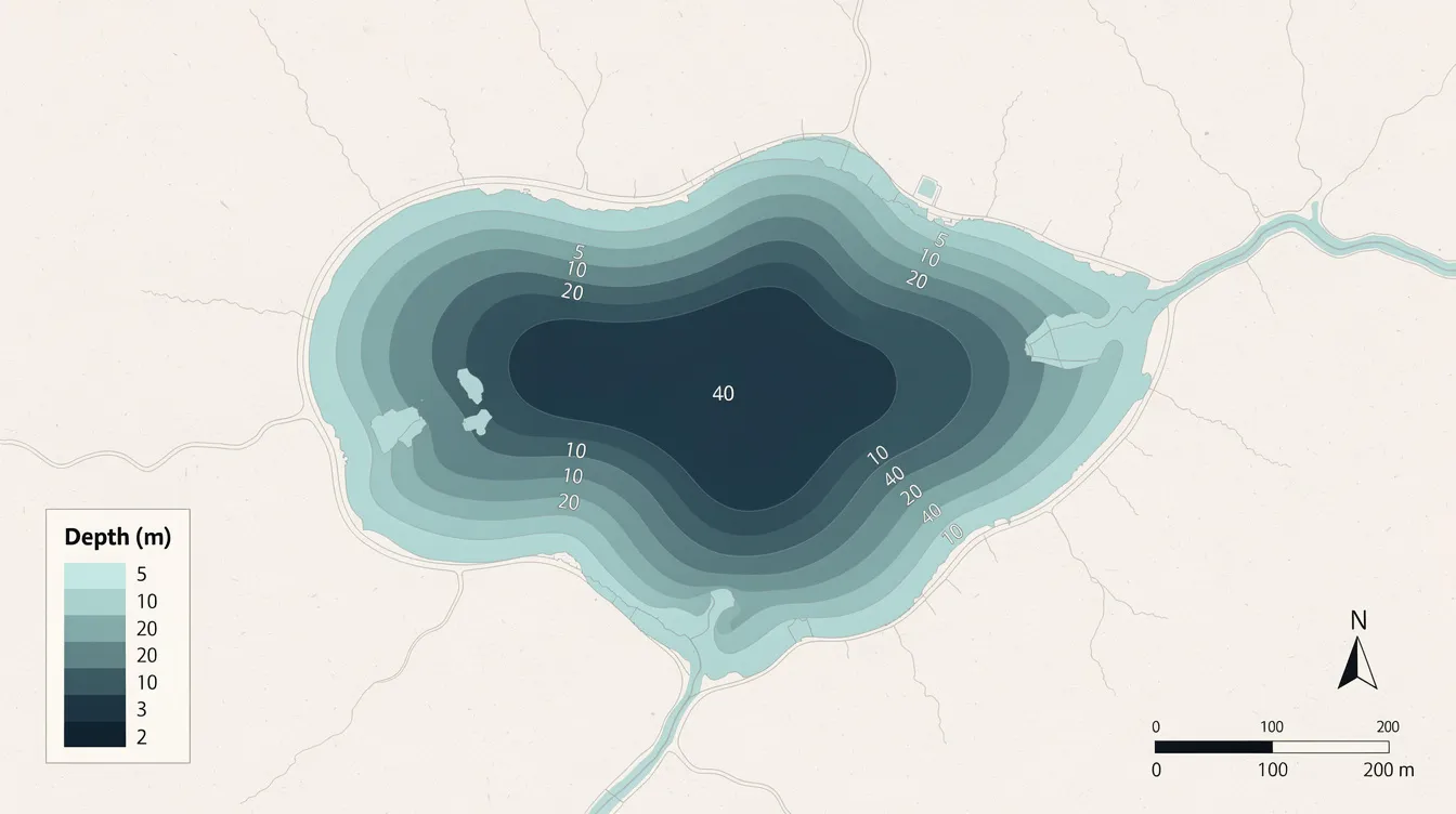 The image displays a colorful bathymetric lake map, illustrating underwater features such as humps and depths, useful for fishing enthusiasts. It includes detailed contours and data points to help users navigate the lake effectively, while also ensuring security verification against malicious bots.