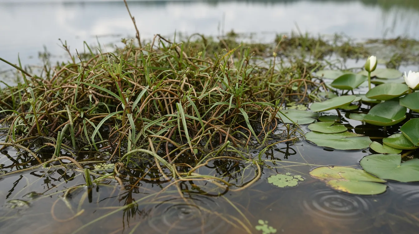A close-up view of dense invasive aquatic weeds covers the surface of a calm pond, with lily pads visible nearby. This overgrowth can contribute to water pollution and negatively impact aquatic ecosystems, potentially affecting water quality and human health.