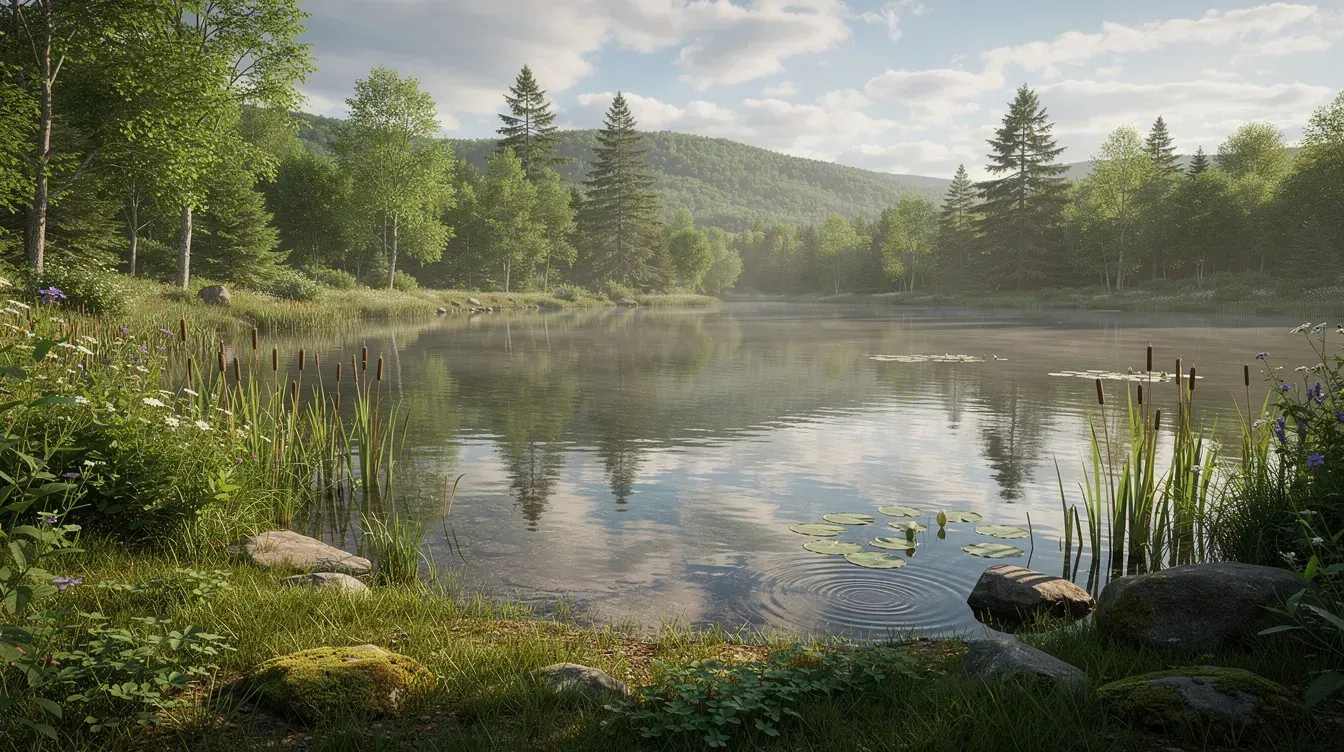 The image depicts a serene pond environment typical of Vermont, featuring lush native vegetation surrounding the water, with a diverse array of aquatic plants contributing to the ecosystem. This tranquil setting highlights the importance of lake and watershed management, showcasing natural resources that support fish and wildlife, while also emphasizing the need for effective management strategies to maintain water quality and address issues like algae growth.