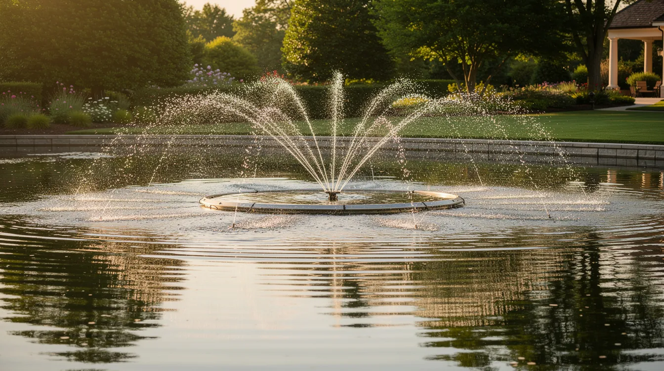 A floating pond fountain aerator is spraying a gentle stream of water across a calm estate pond, enhancing water quality and promoting aeration for aquatic life. This effective pond aerator helps maintain oxygen levels, reducing the risk of algae blooms and improving the overall health of the aquatic ecosystem.