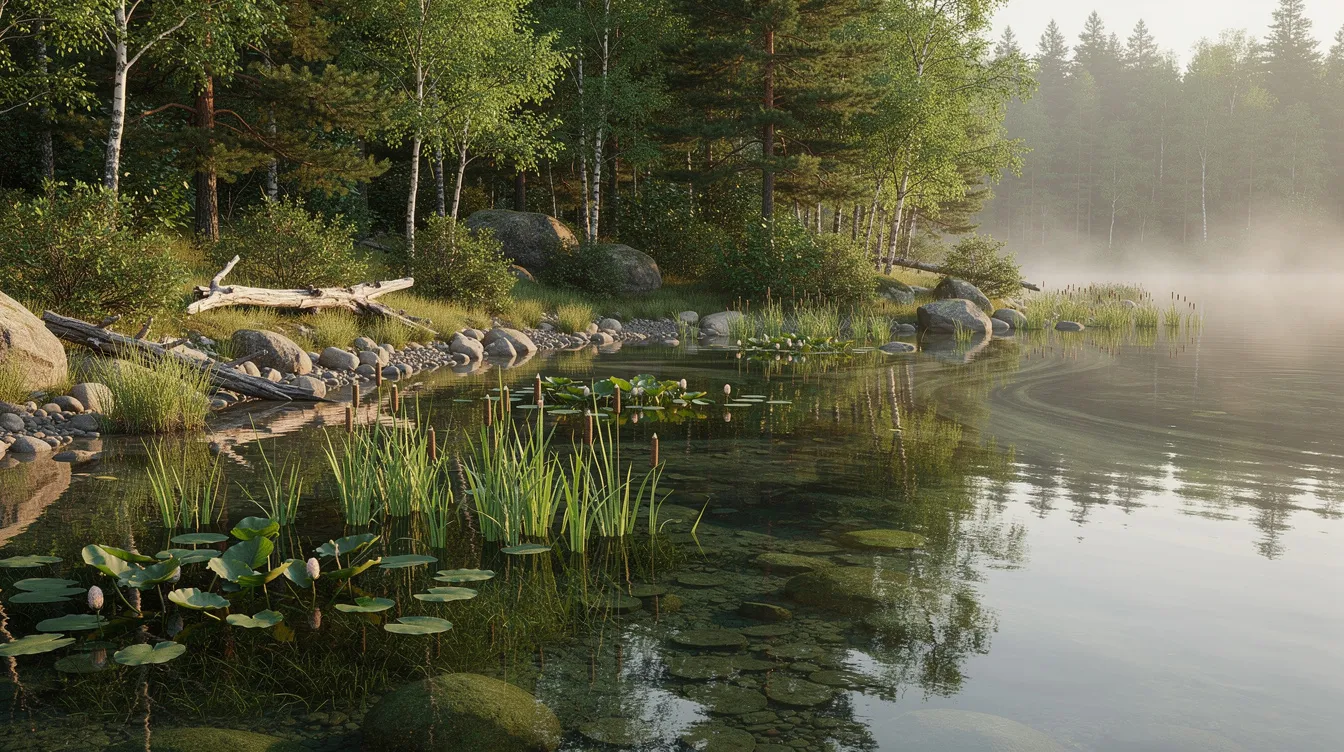 A serene lake cove showcases healthy aquatic plants and a natural shoreline habitat, emphasizing the importance of lake management and the protection of water quality. This tranquil scene highlights the role of native vegetation in reducing shoreline erosion and supporting local wildlife.