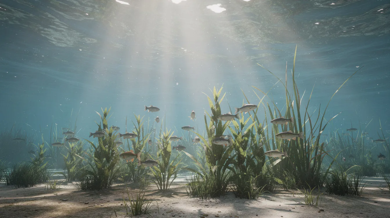 An underwater view captures sunlight filtering through the clear water of a lake, revealing vibrant aquatic plants and small fish swimming gracefully among them, highlighting the beauty of the aquatic ecosystem. This serene scene underscores the importance of maintaining water quality to protect aquatic life and ensure a healthy environment.