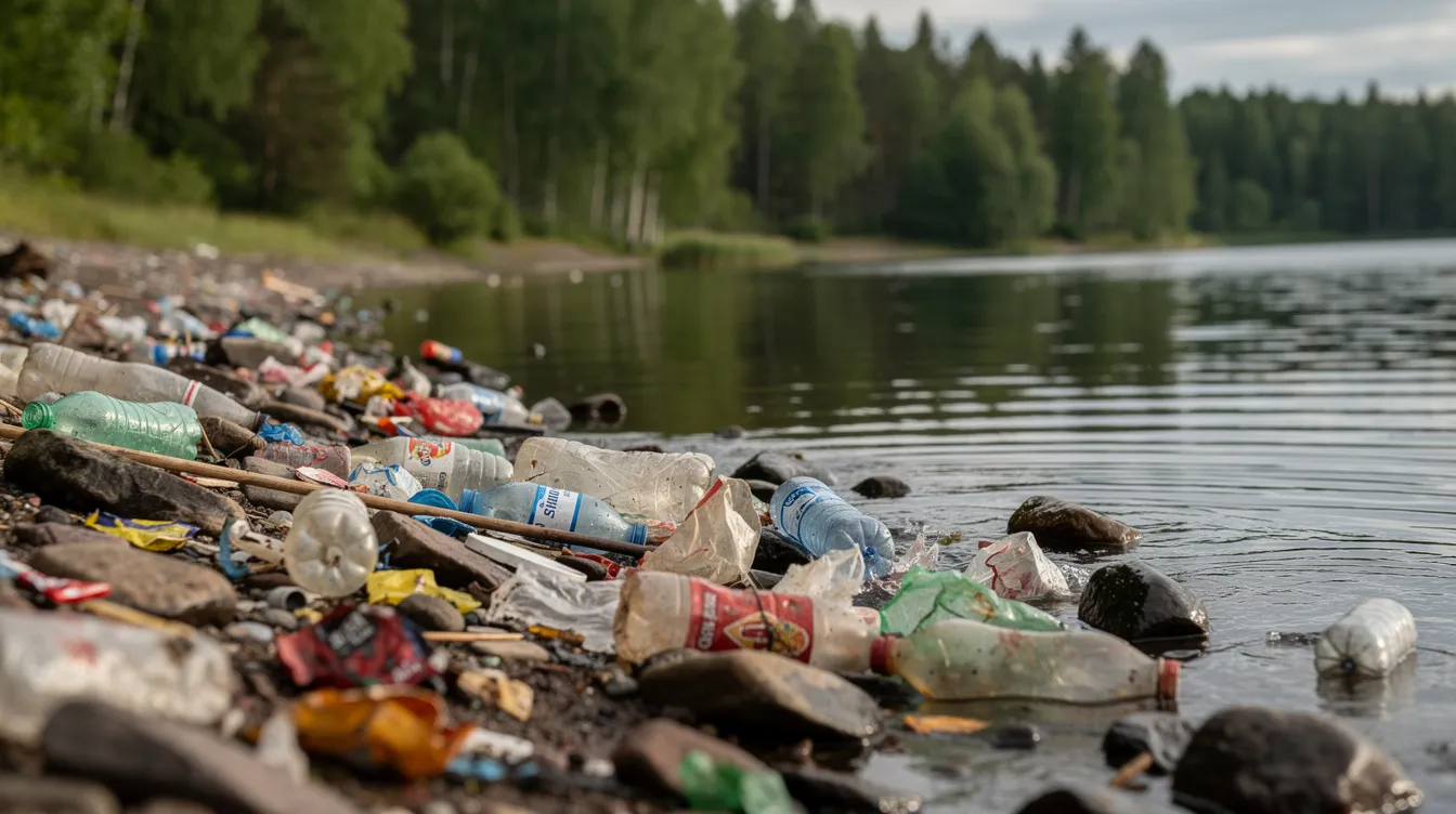 The image depicts a rocky lakeshore littered with plastic bottles, bags, and other debris, with trees in the background, highlighting the issue of plastic pollution and its detrimental effects on water quality and aquatic ecosystems. This scene serves as a reminder of how human activities contribute to water pollution, impacting both the environment and public health.