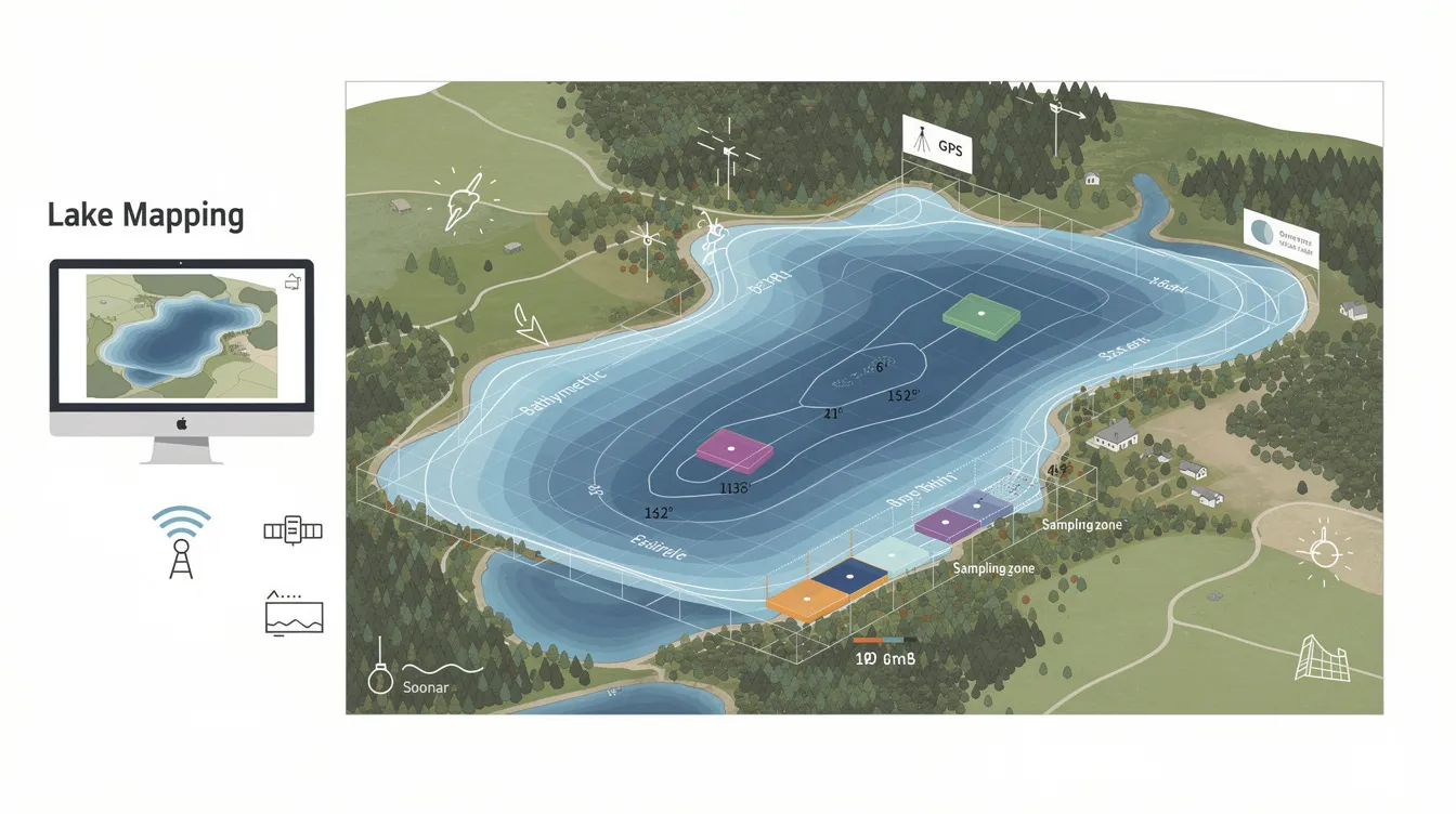 The image depicts a detailed lake map showcasing underwater features such as humps and depths, ideal for fishing enthusiasts. It emphasizes security verification elements, highlighting the importance of protecting data against malicious bots while using devices to explore the lake's details.