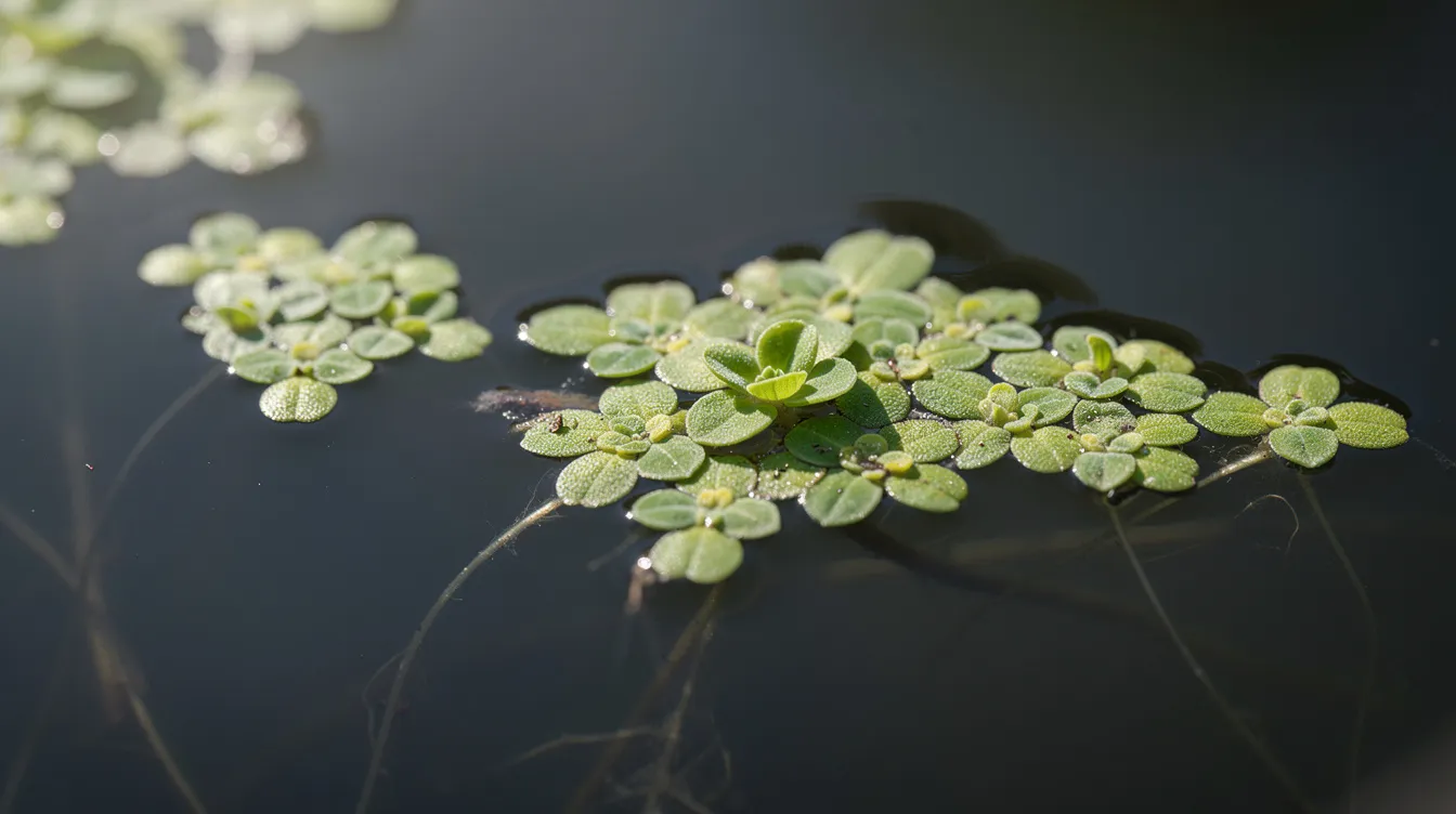 A close-up view of bright green duckweed plants floating on still pond water, showcasing small, round fronds with delicate root threads dangling beneath the surface. This image highlights the actively growing aquatic plants that can cover the pond's surface, potentially affecting oxygen levels and serving as a food source for various species.