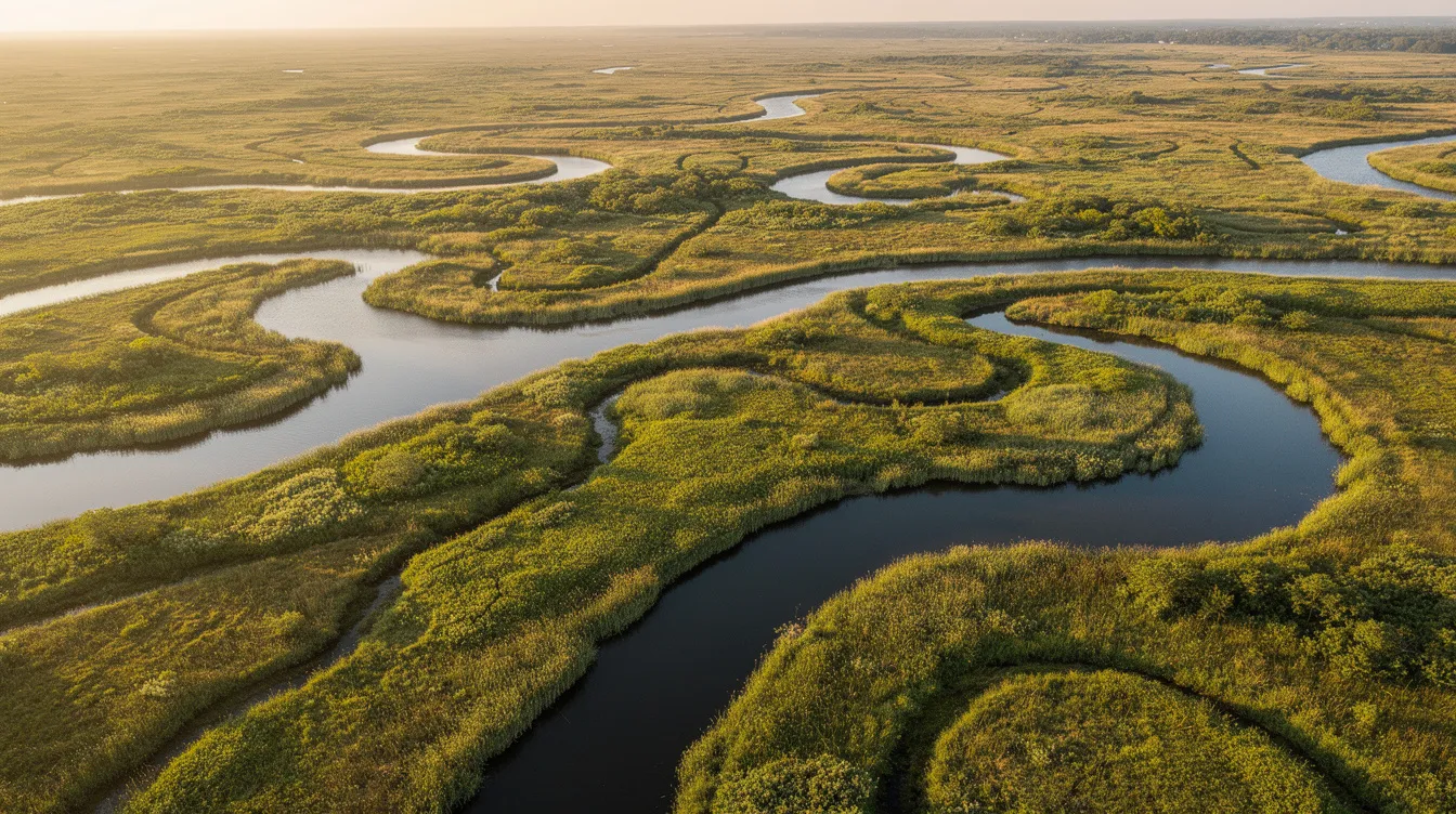 An aerial view captures a vibrant marsh wetland, featuring winding waterways surrounded by lush vege