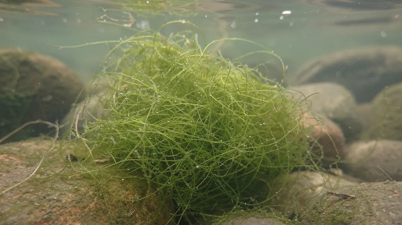 A close-up image showcases green filamentous string algae clinging to pond rocks, highlighting the dense growth of this aquatic plant. This type of algae can contribute to algae blooms in water bodies when excess nutrients are present, affecting water quality and aquatic life.