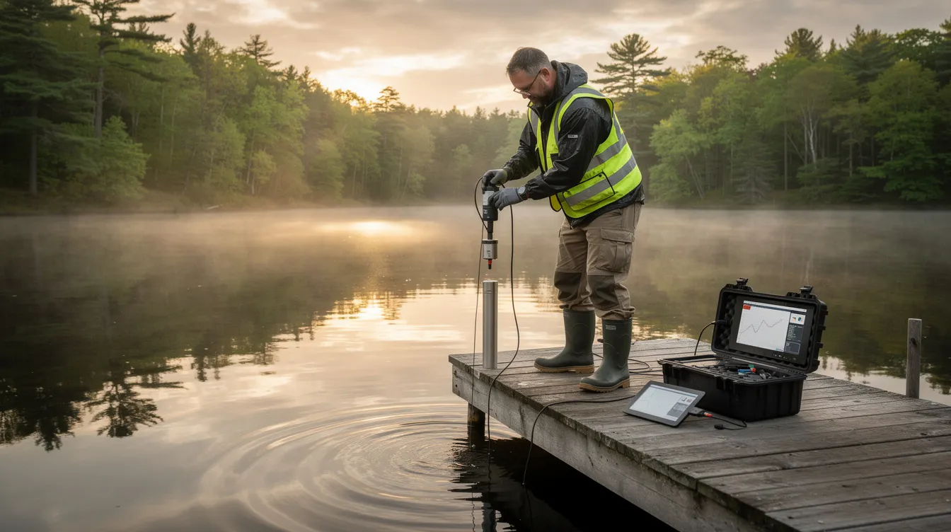 A technician is seen lowering a water quality sensor from a small dock into a wooded lake, engaging in water quality monitoring to support smart water management systems. This action emphasizes the importance of environmental management and real-time data collection for ensuring clean water and sustainable practices.