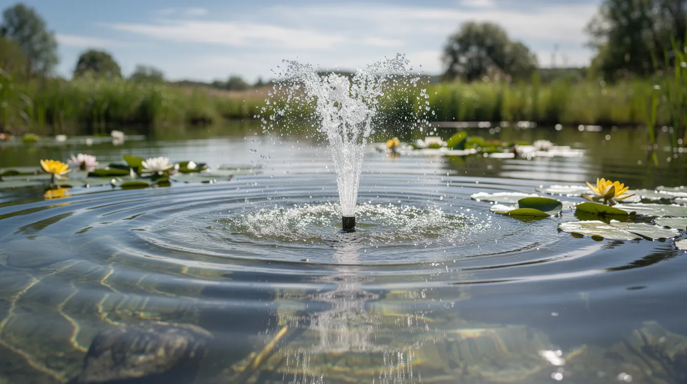 An aeration fountain is actively spraying water in a clear pond, surrounded by vibrant lily pads, which help support aquatic plant growth. This serene scene is essential for controlling algae and maintaining water quality by preventing excessive nutrients that can lead to harmful algae blooms.