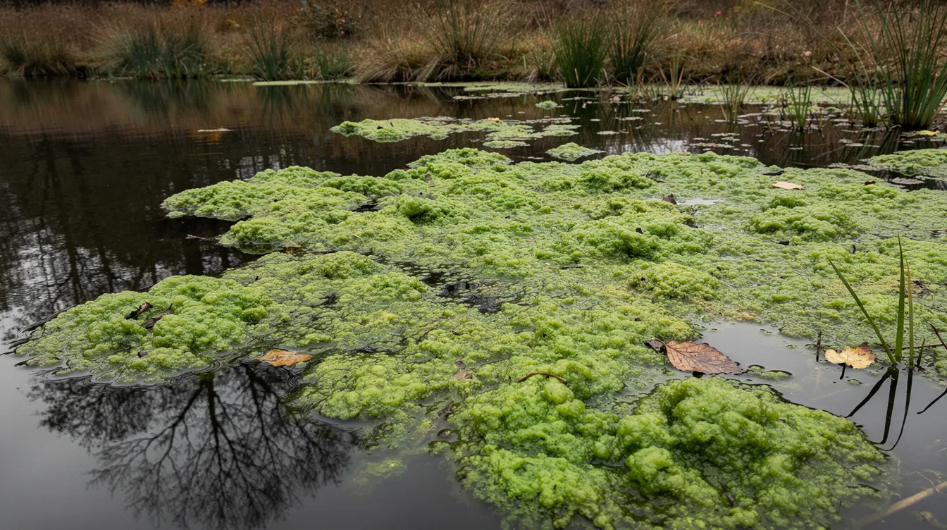 The image depicts a pond with a noticeable green algae bloom covering parts of the water surface, indicating excessive growth of filamentous algae and possibly blue-green algae. This situation can affect water quality and may require algae control measures to manage the aquatic plant growth effectively.