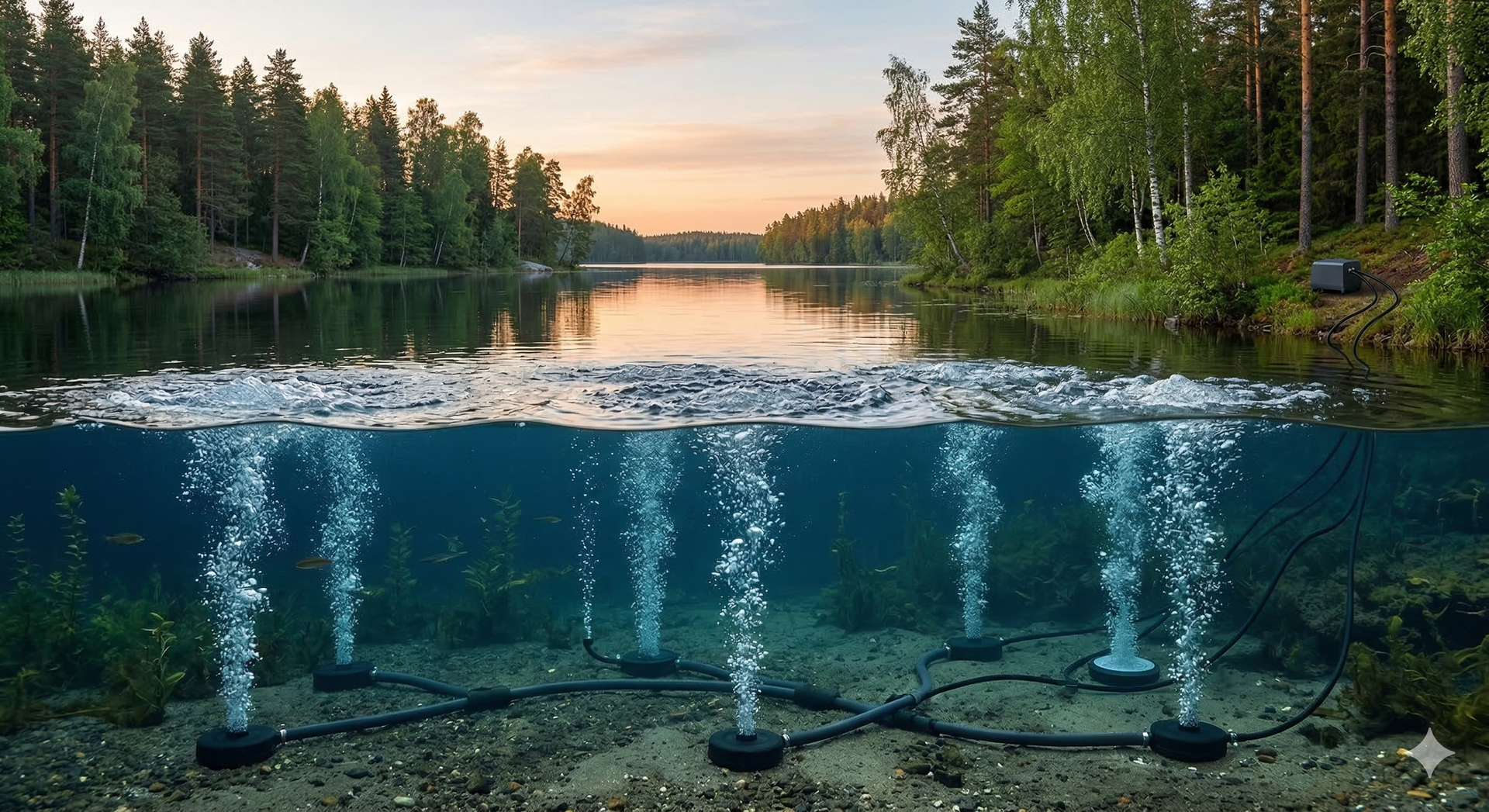 A split-level photograph shows a scenic forest lake at sunset, with a cross-section revealing five black disc-shaped aerators on the lakebed connected by hoses to an air pump on the shore. Each aerator is actively releasing a vigorous, vertical column of rising bubbles through clear water filled with aquatic plants, leading to five bubbling, disturbed areas on the otherwise calm surface.
