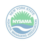 Circular logo for the New York State Aquatic Managers Association (NYSAMA) featuring green grass over a blue water wave.