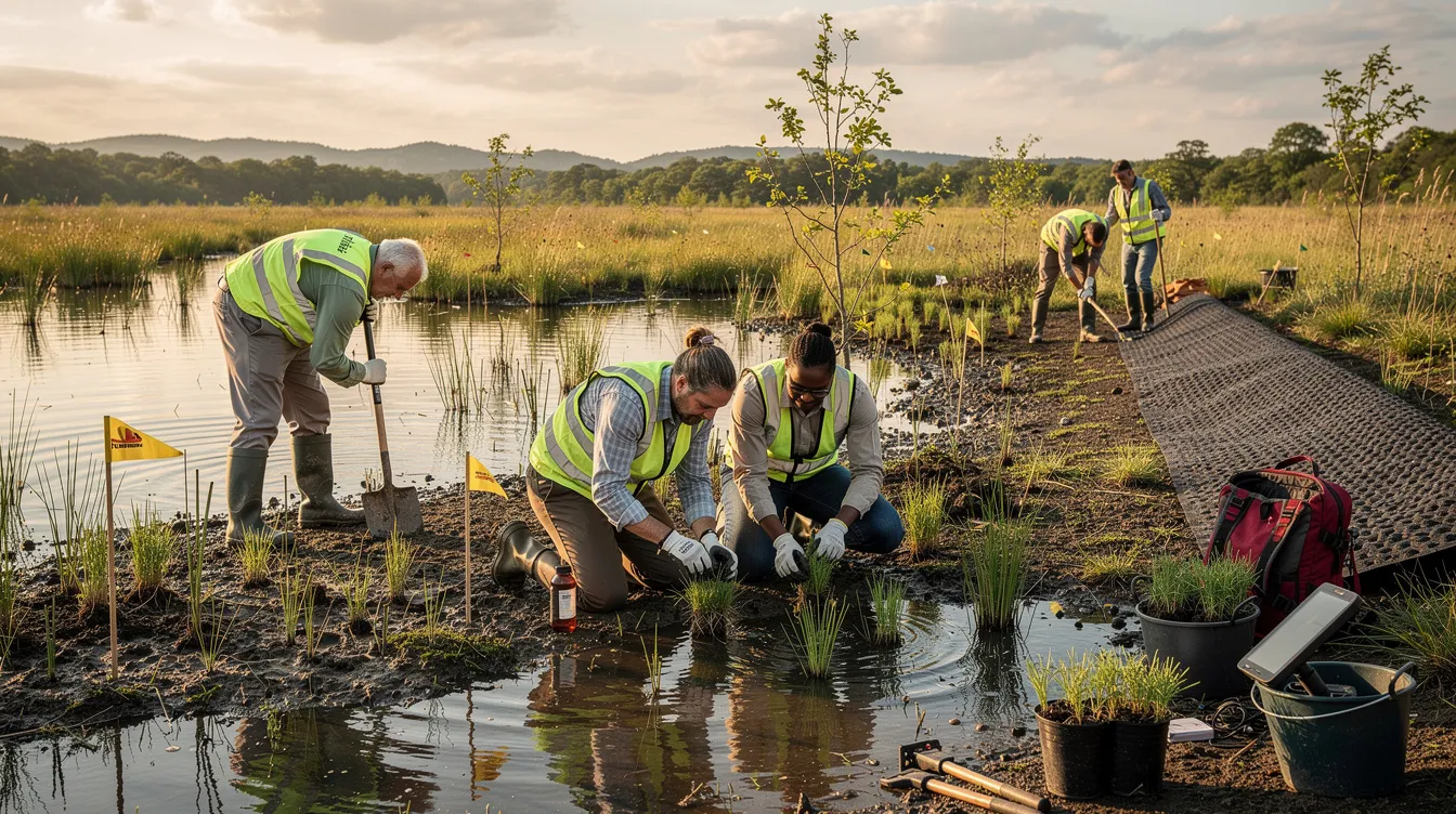 The image shows conservation workers engaged in wetland restoration efforts, focusing on enhancing wetlands and protecting vital fish and wildlife habitats. They are actively involved in projects that aim to improve water quality and preserve the ecological balance of these critical areas.