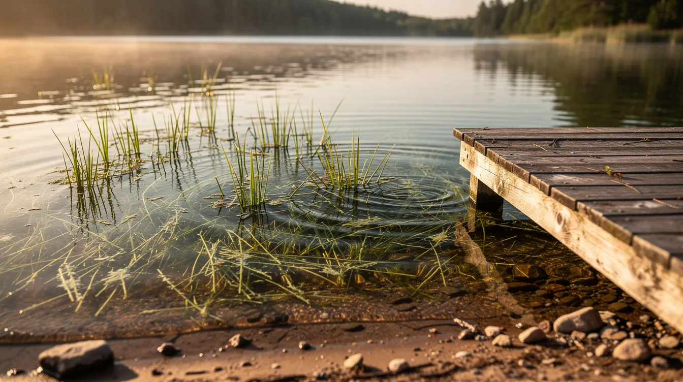 The image depicts a serene lake shoreline where aquatic vegetation, including emergent weeds and floating plants, thrives near a wooden dock. This lush growth contributes to the water body's ecosystem, but may also indicate a potential aquatic weed problem that could affect recreational activities and water quality.