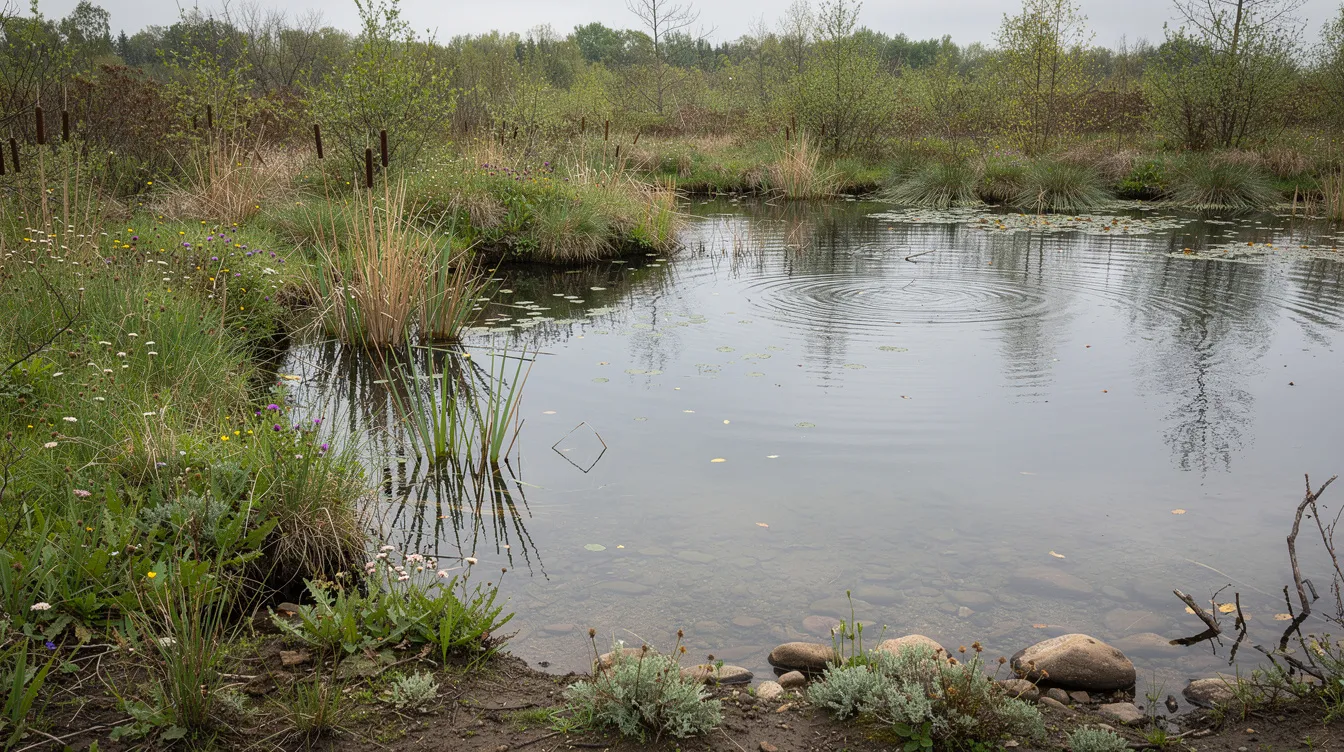 The image depicts a serene small pond featuring native shoreline plants and open water, showcasing a thriving aquatic ecosystem. The pond's surface is adorned with floating aquatic plants, while the edges are lined with emergent vegetation, contributing to a healthy habitat for various aquatic life.