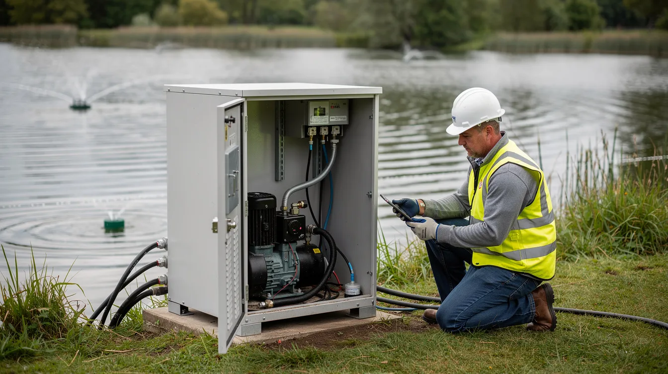 A technician is inspecting a pond aeration compressor cabinet located near the shoreline, ensuring the effective operation of the pond aeration system that helps maintain water quality and supports aquatic life. The setup is crucial for preventing issues like algae blooms and fish kills by promoting oxygen levels in the water.