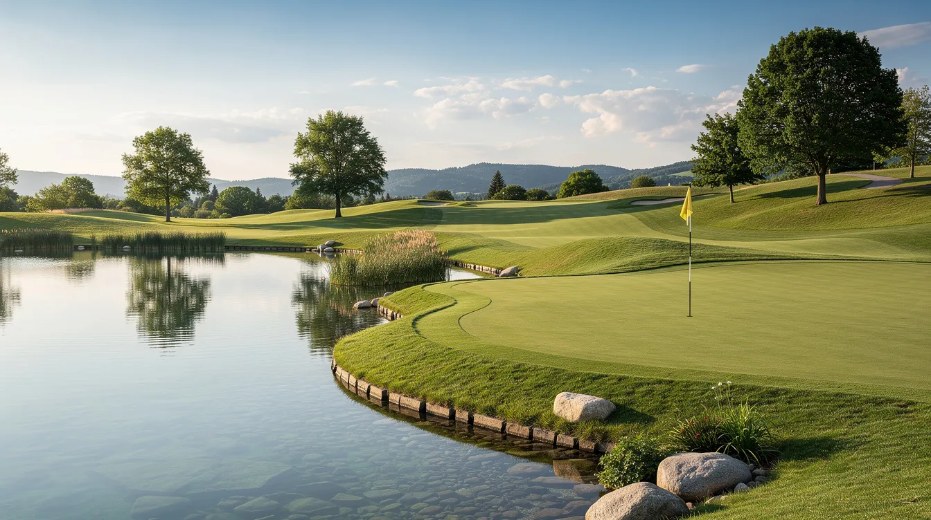 The image depicts a clean pond area adjacent to a lush golf course green, showcasing clear water and minimal nuisance aquatic vegetation, indicative of effective lake management services. This serene aquatic habitat reflects proper vegetation control, contributing to the overall water quality and aesthetic appeal of the golf course environment.