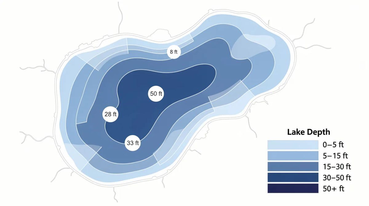 The image displays a colorful bathymetric lake map, illustrating underwater features such as humps and depths, useful for fishing enthusiasts. It includes detailed contours and data points to help users navigate the lake effectively, while also ensuring security verification against malicious bots.