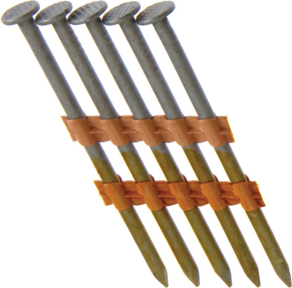 Angled nails in an orange plastic holder, ready to be used.