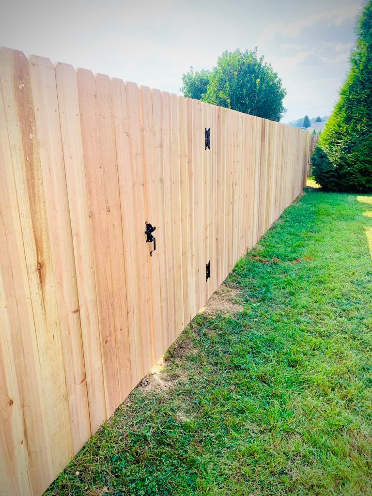 Wooden fence in a grassy yard, with dark hinges and latch visible.