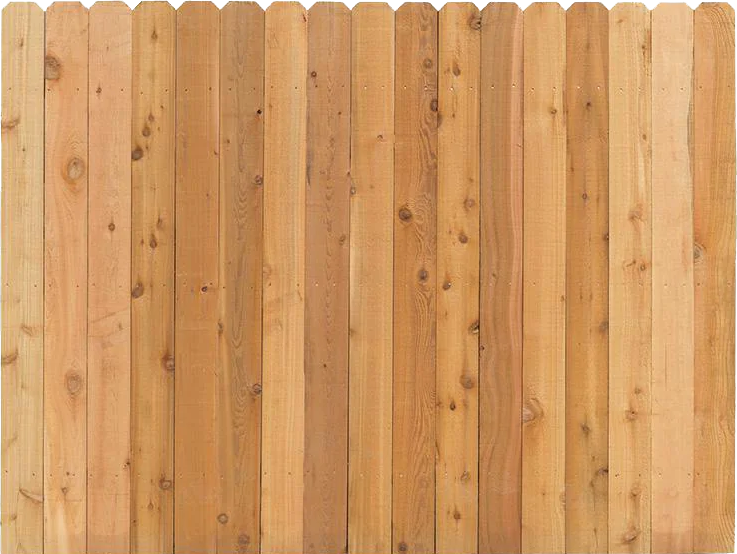 Vertical wooden fence with rounded tops.