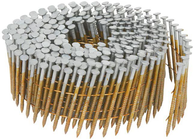 Coiled roll of galvanized nails with large heads, held together by wire.