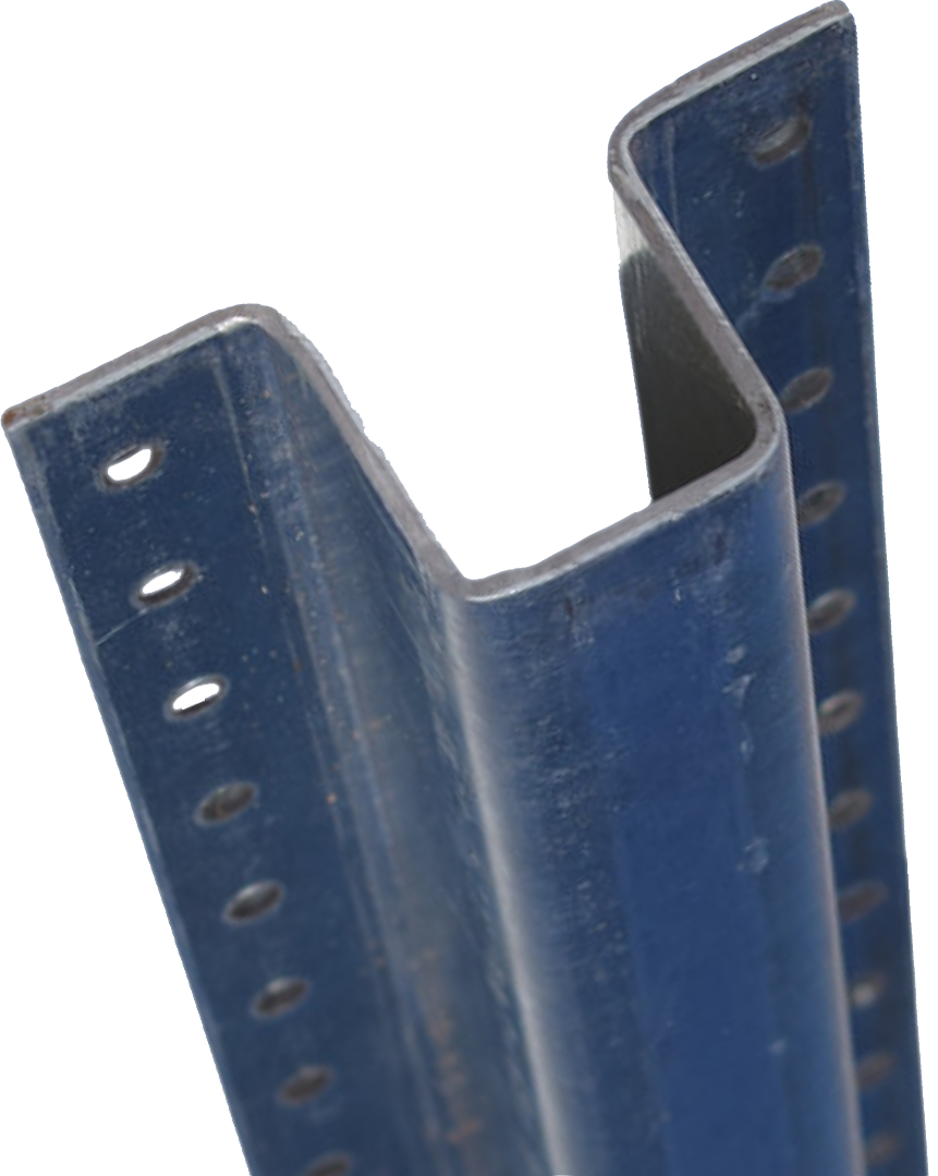 Blue metal shelving support with a zig-zag shape and multiple holes.