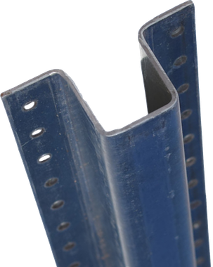 Blue metal shelving support with a zig-zag shape and multiple holes.