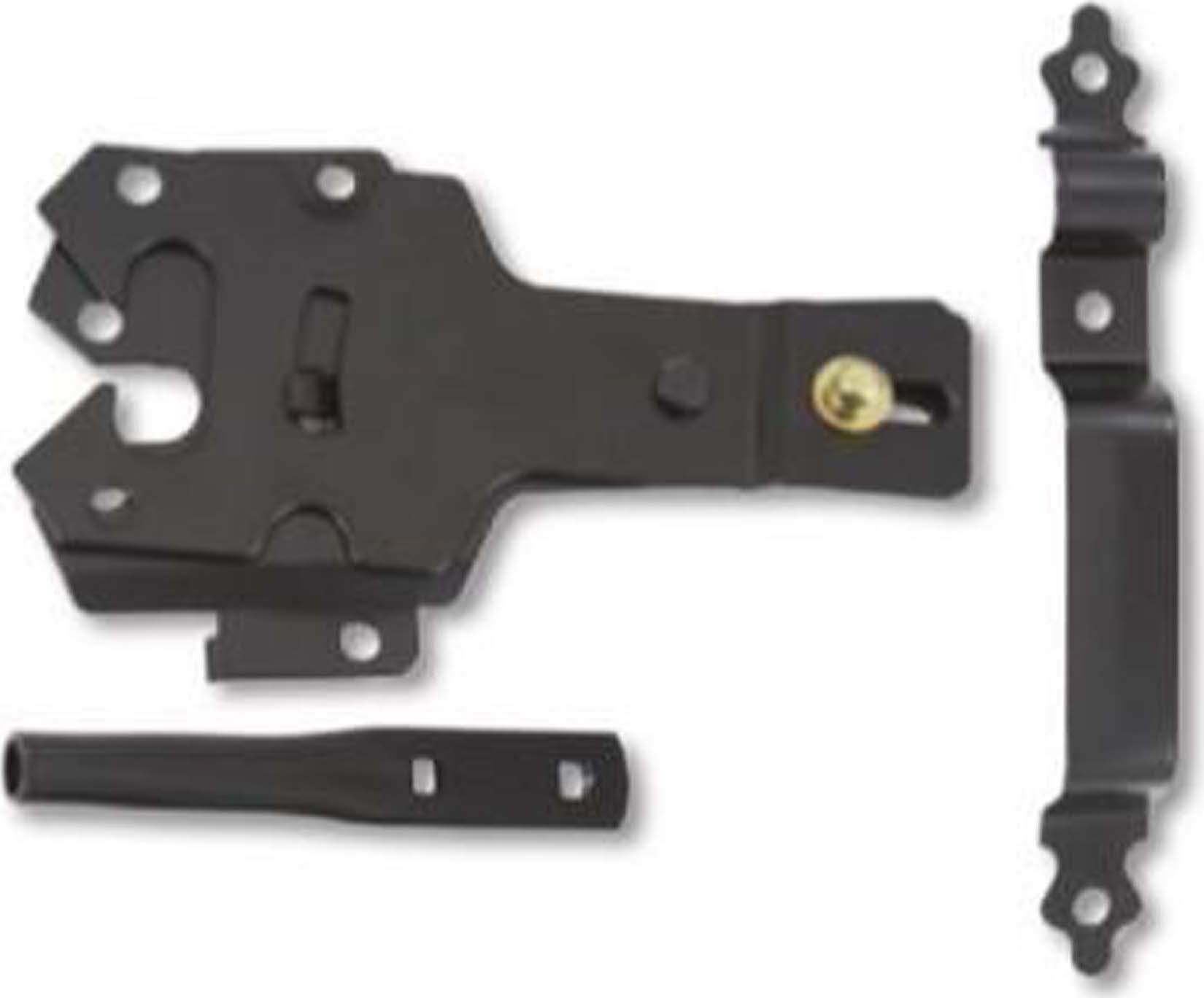 Black metal gate latch set with handle and receiver.